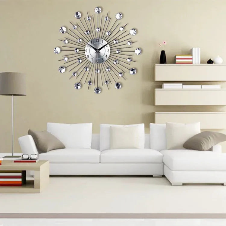Large silver round wall clock with metal casing and aluminium dial measuring 33cm