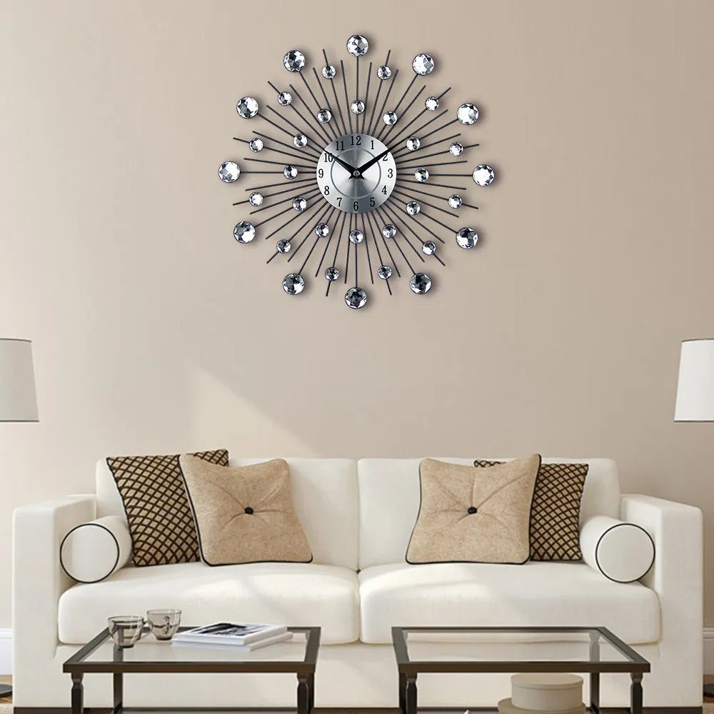 Large silver round wall clock with metal casing and aluminium dial measuring 33cm