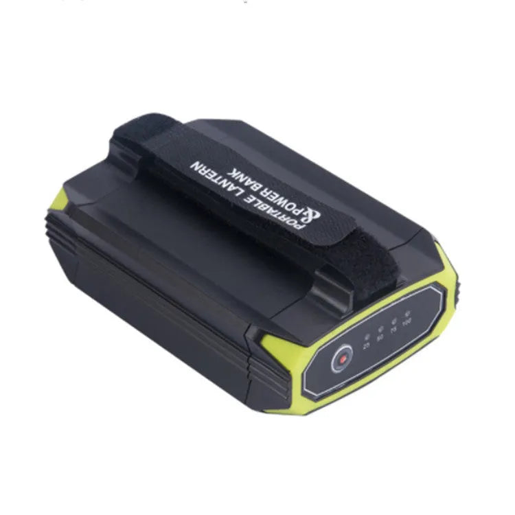 Green aluminium rechargeable camping light with LED panel and USB port for power bank use