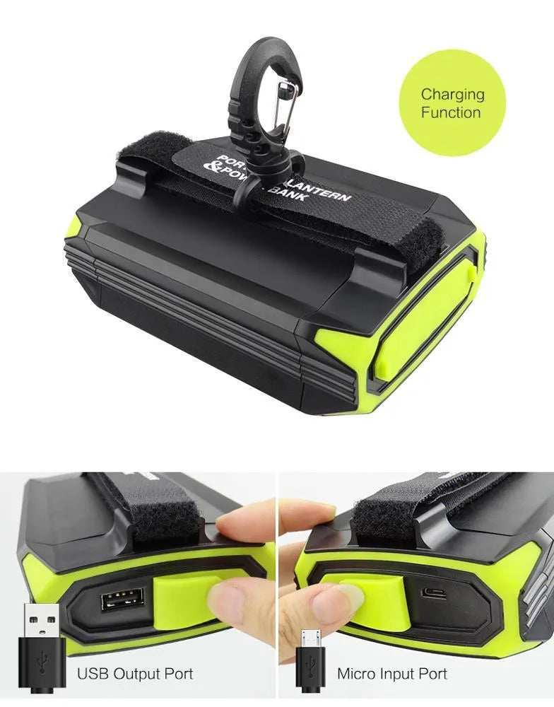 Green aluminium rechargeable camping light with LED panel and USB port for power bank use