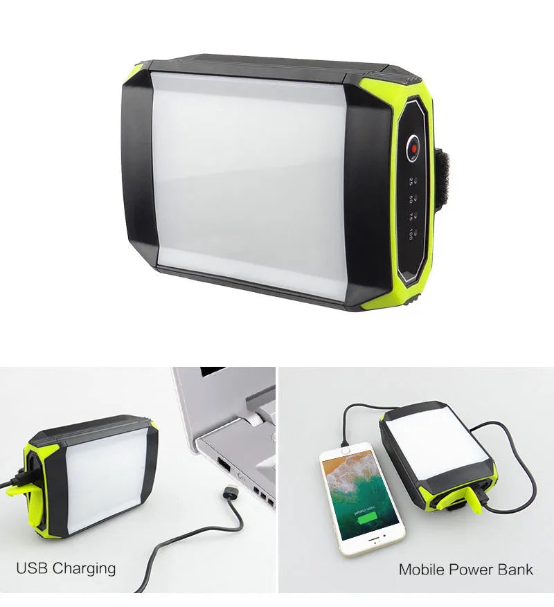 Green aluminium rechargeable camping light with LED panel and USB port for power bank use