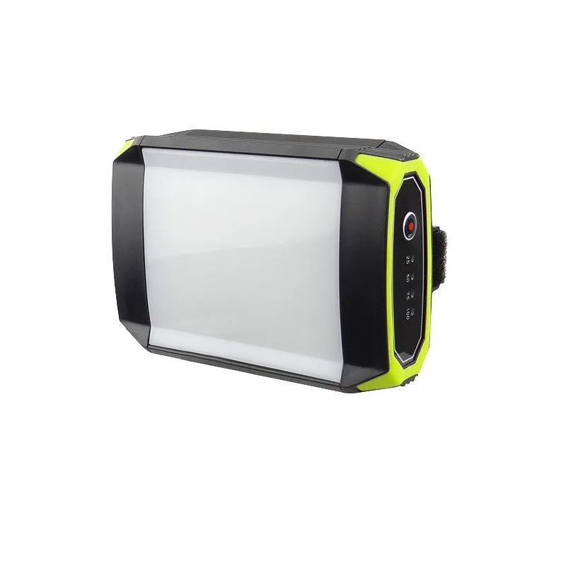 Green aluminium rechargeable camping light with LED panel and USB port for power bank use