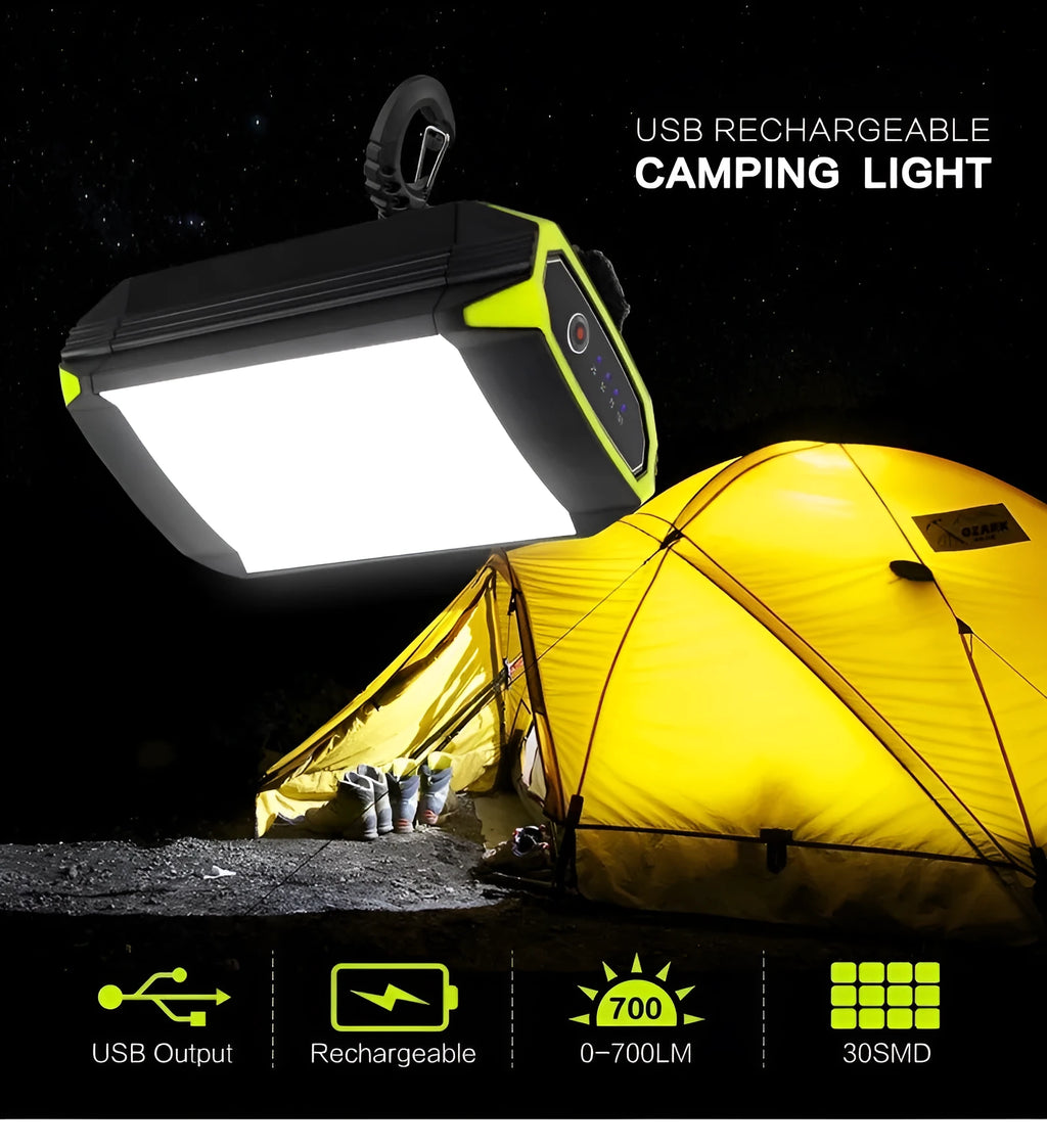 Green aluminium rechargeable camping light with LED panel and USB port for power bank use