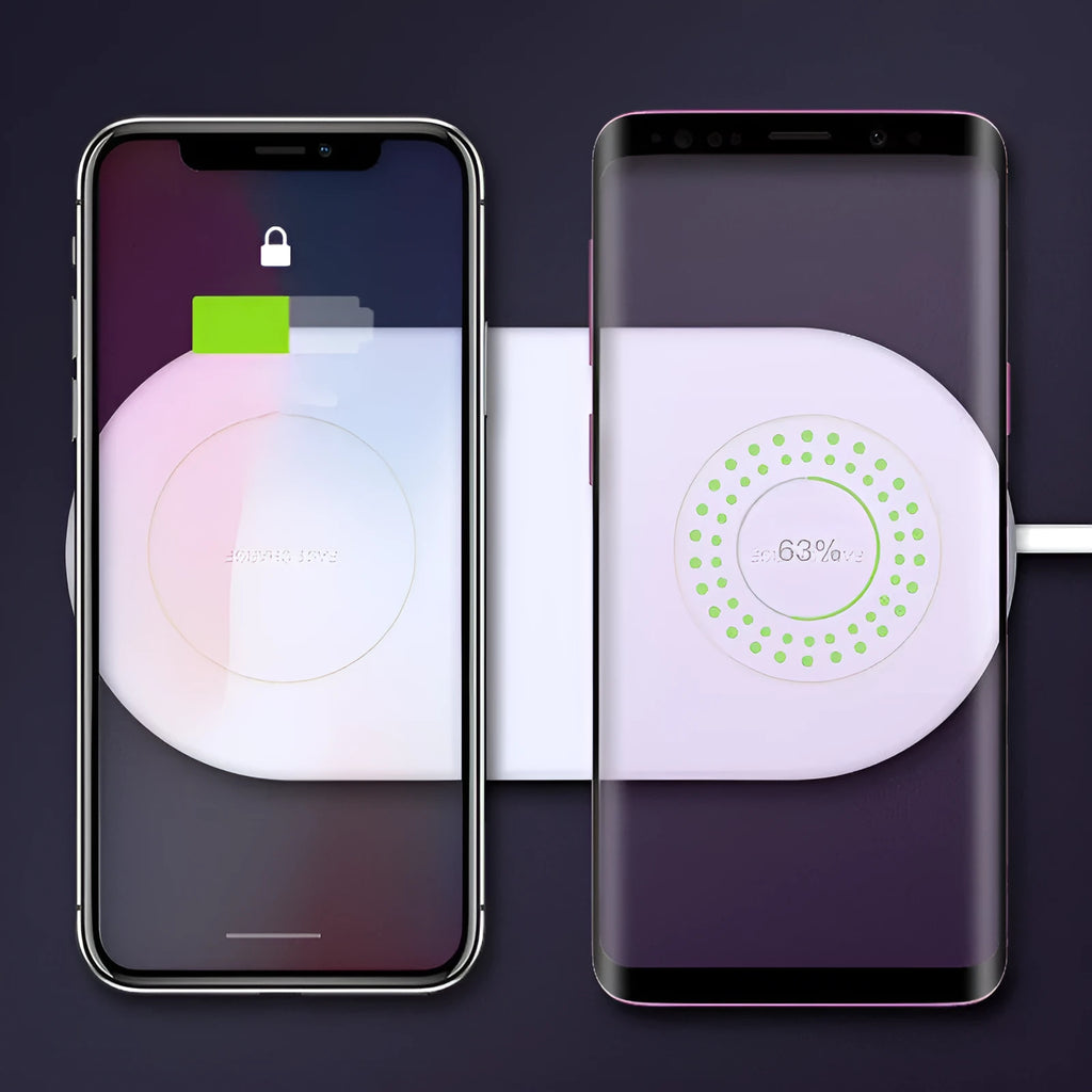 White dual wireless phone charger supporting simultaneous fast charging for two mobile phones