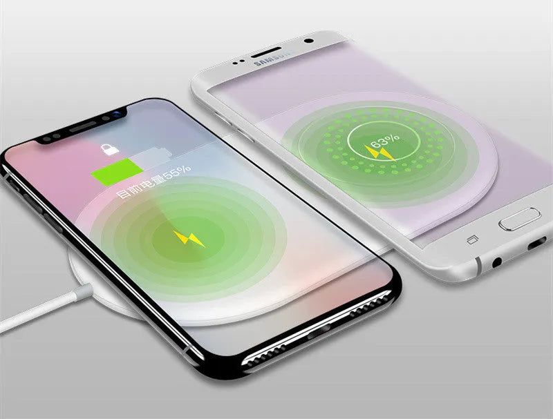 White dual wireless phone charger supporting simultaneous fast charging for two mobile phones
