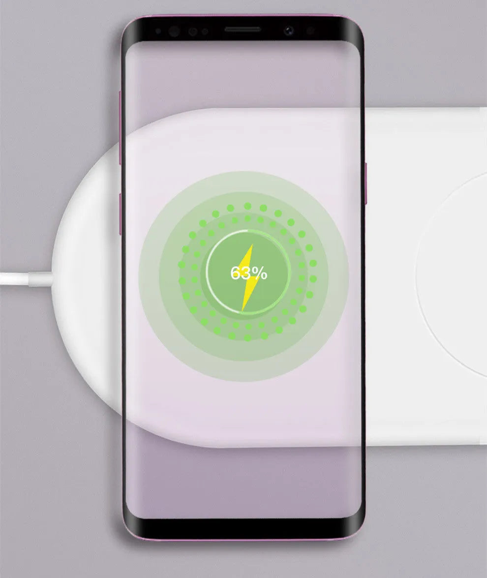 White dual wireless phone charger supporting simultaneous fast charging for two mobile phones