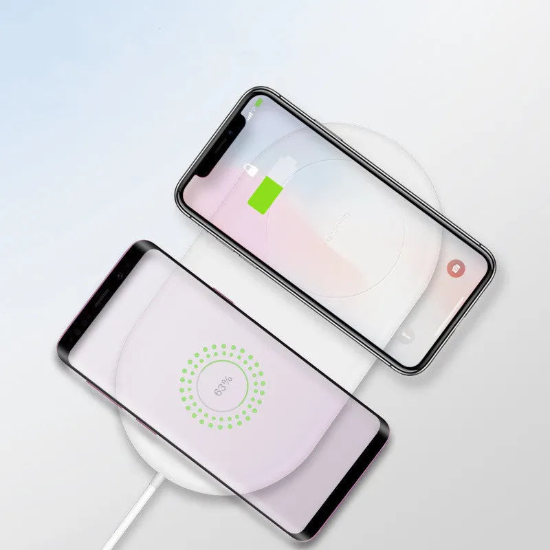 White dual wireless phone charger supporting simultaneous fast charging for two mobile phones
