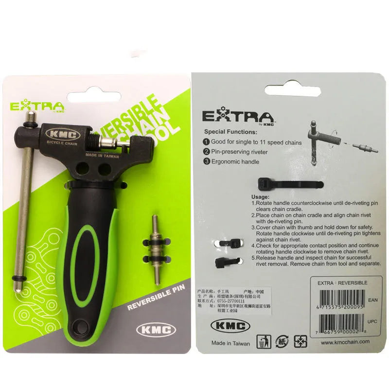 Green steel bicycle chain cutter tool with a double shaft device and a separate chain driver on a white background.