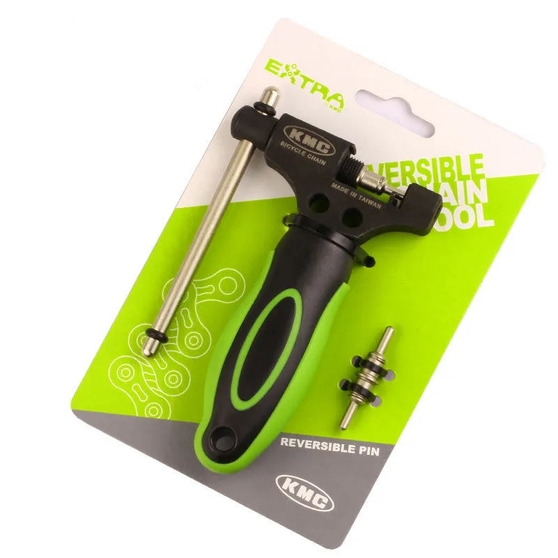 Green steel bicycle chain cutter tool with a double shaft device and a separate chain driver on a white background.