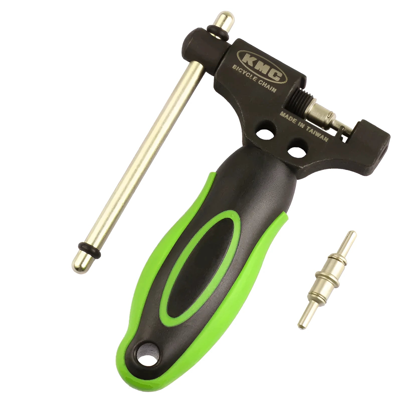 Green steel bicycle chain cutter tool with a double shaft device and a separate chain driver on a white background.
