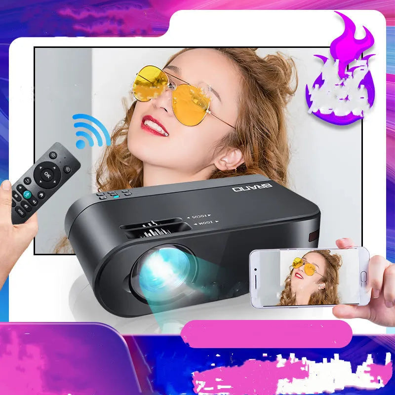 Portable white wireless projector with 8K lens and AI voice control showing mobile phone screen mirroring