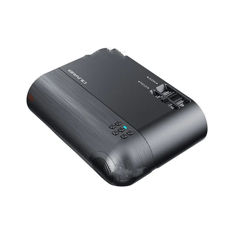 Portable white wireless projector with 8K lens and AI voice control showing mobile phone screen mirroring