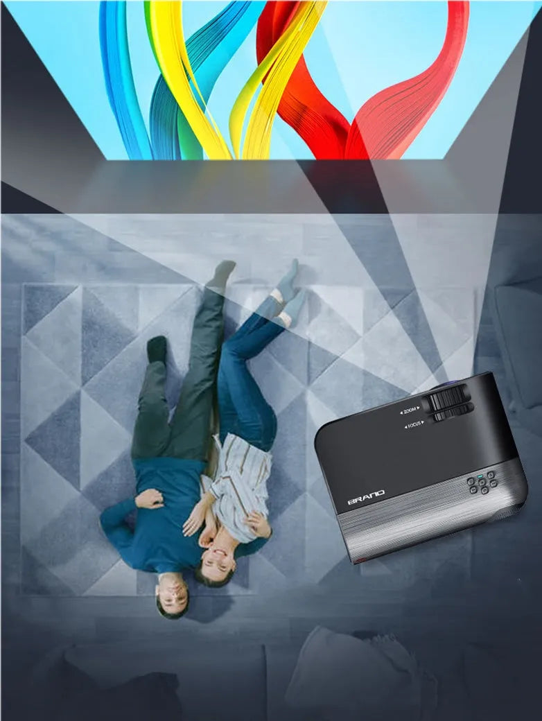 Portable white wireless projector with 8K lens and AI voice control showing mobile phone screen mirroring
