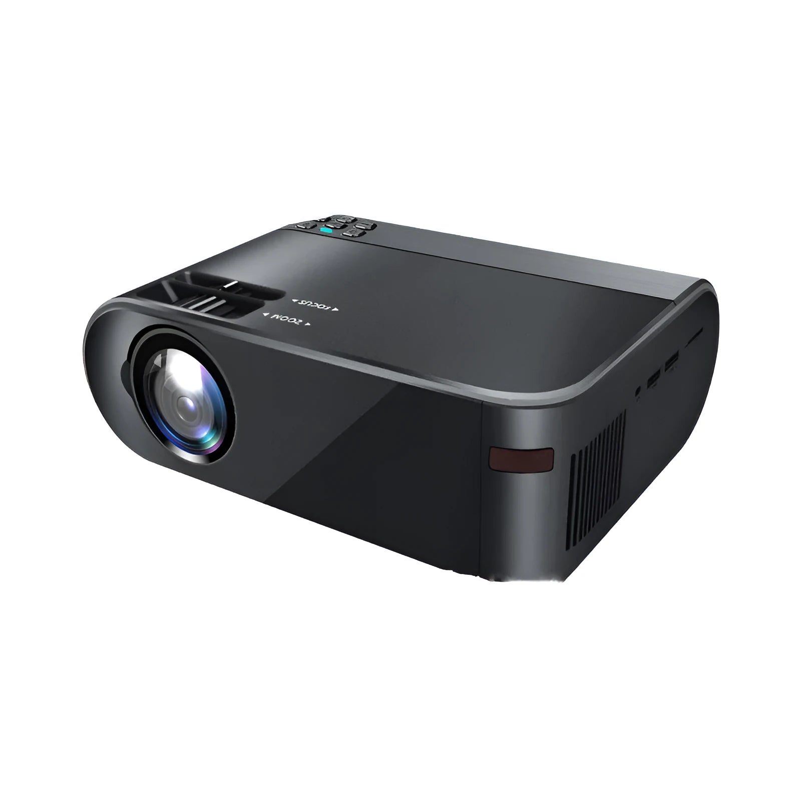 Portable white wireless projector with 8K lens and AI voice control showing mobile phone screen mirroring