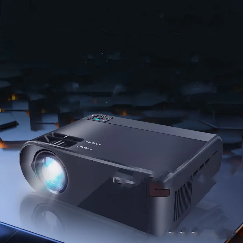 Portable white wireless projector with 8K lens and AI voice control showing mobile phone screen mirroring