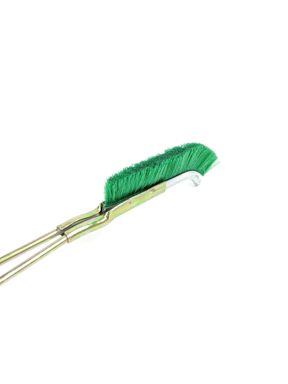 Green elbow-shaped metal brush with nylon wire bristles for rust removal and cleaning