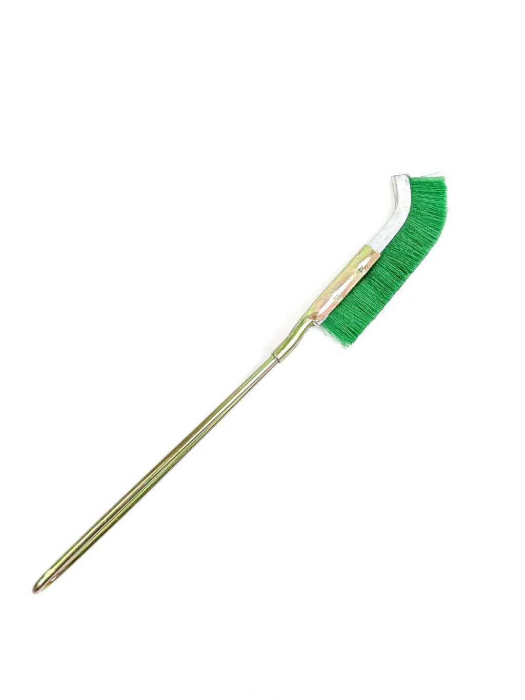 Green elbow-shaped metal brush with nylon wire bristles for rust removal and cleaning