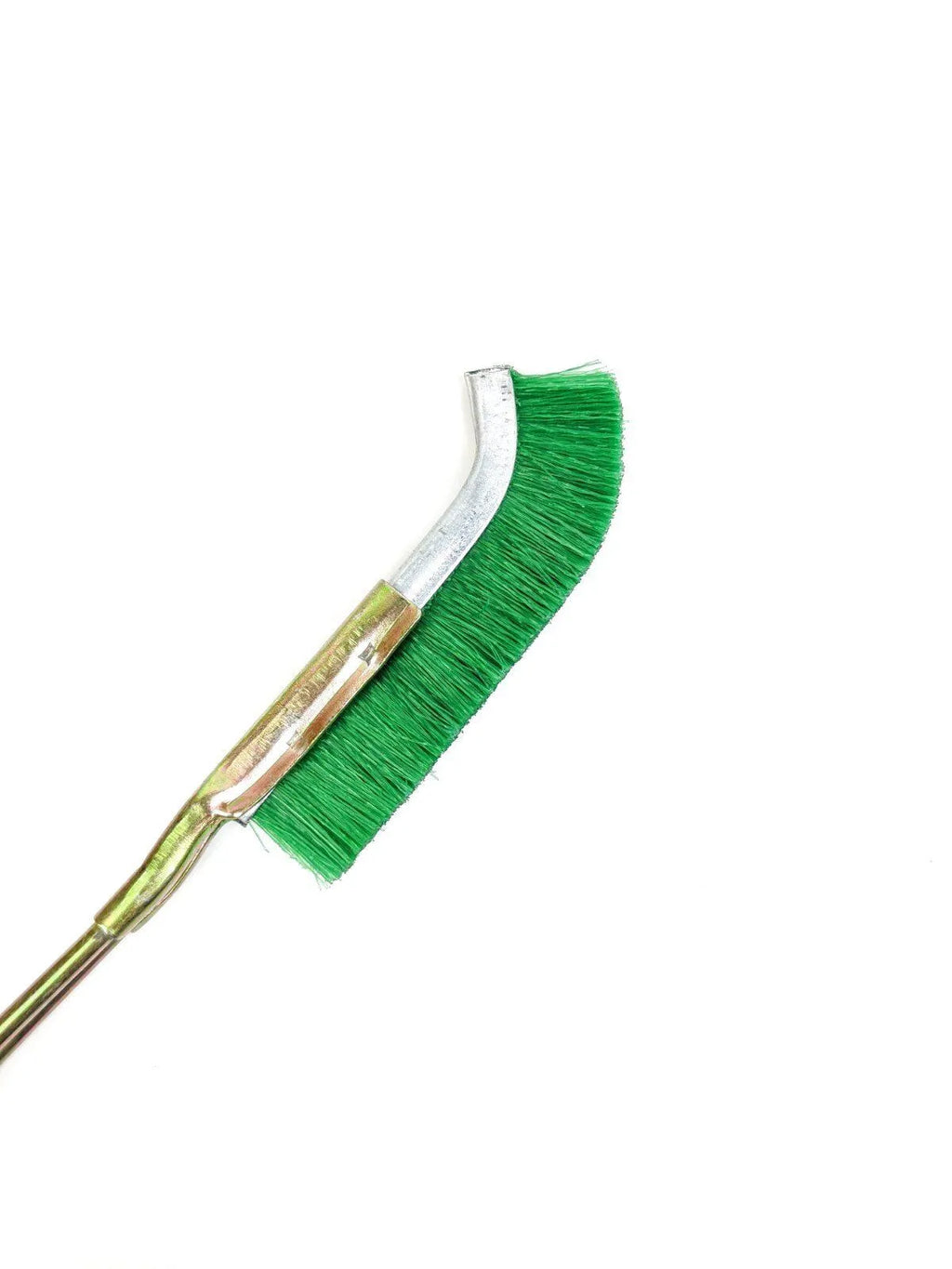 Green elbow-shaped metal brush with nylon wire bristles for rust removal and cleaning