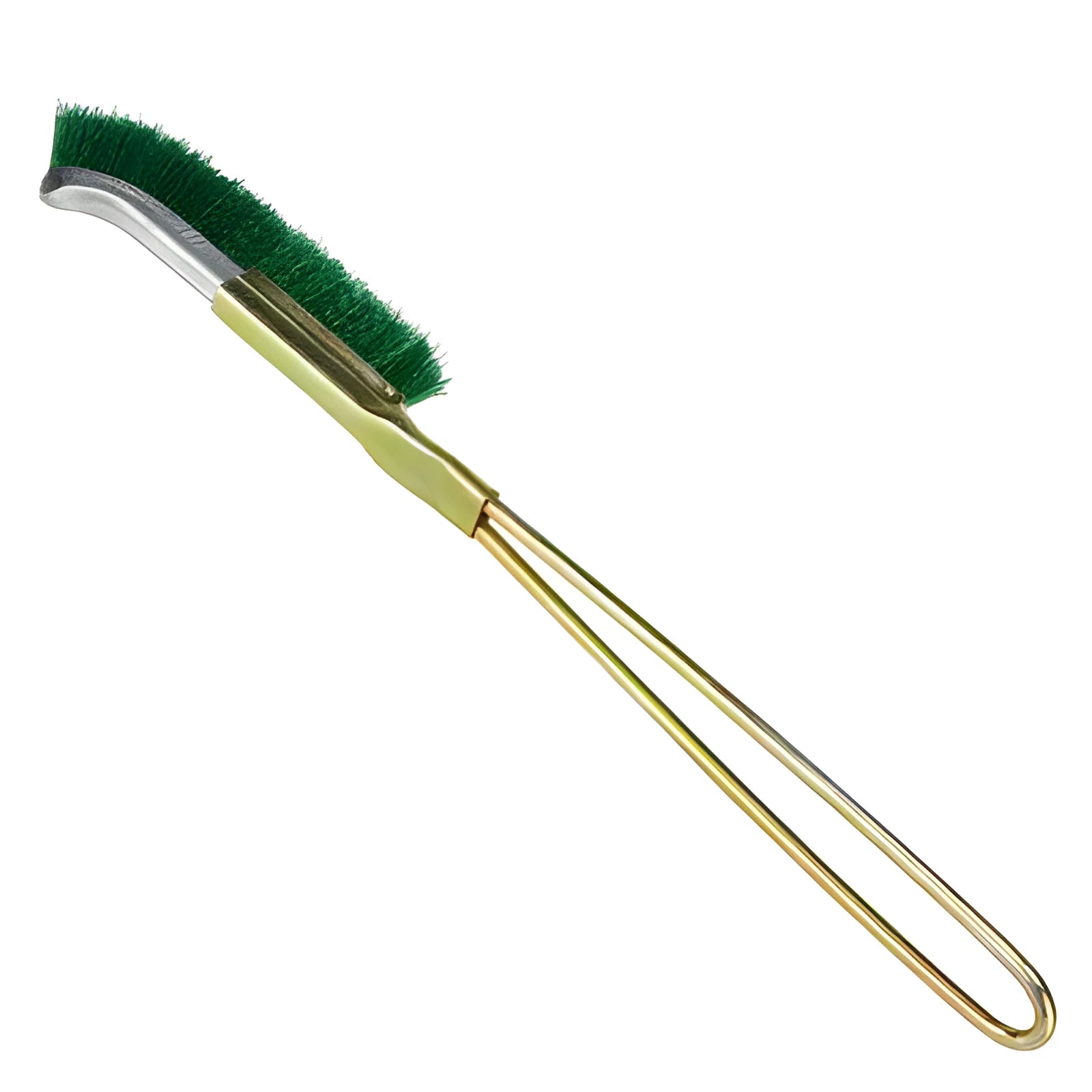 Green elbow-shaped metal brush with nylon wire bristles for rust removal and cleaning