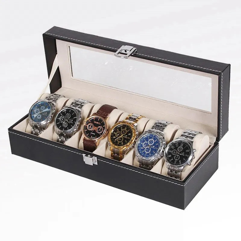 Black wooden watch display box with six transparent windows showing watch storage compartments.