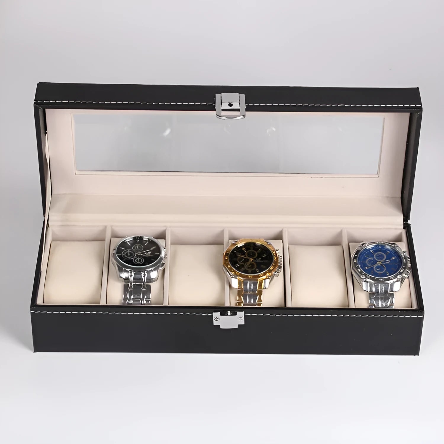 Black wooden watch display box with six transparent windows showing watch storage compartments.