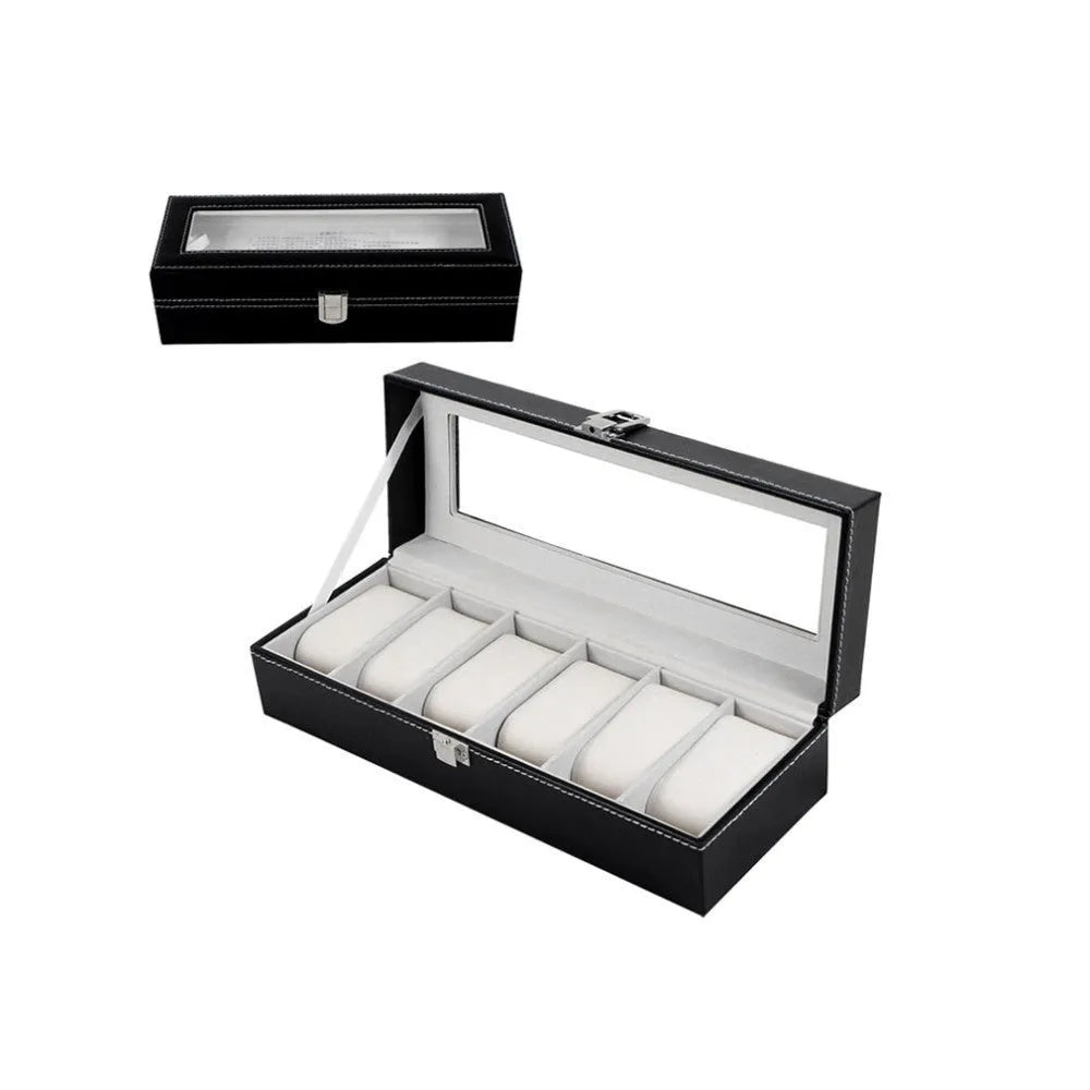 Black wooden watch display box with six transparent windows showing watch storage compartments.
