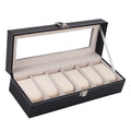Black wooden watch display box with six transparent windows showing watch storage compartments.