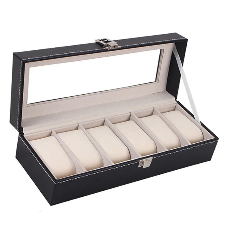 Black wooden watch display box with six transparent windows showing watch storage compartments.