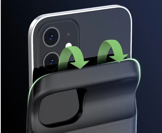 Black ultra-thin TPU soft bag wireless back clip battery case for iPhone 12 models showing clip and USB ports.