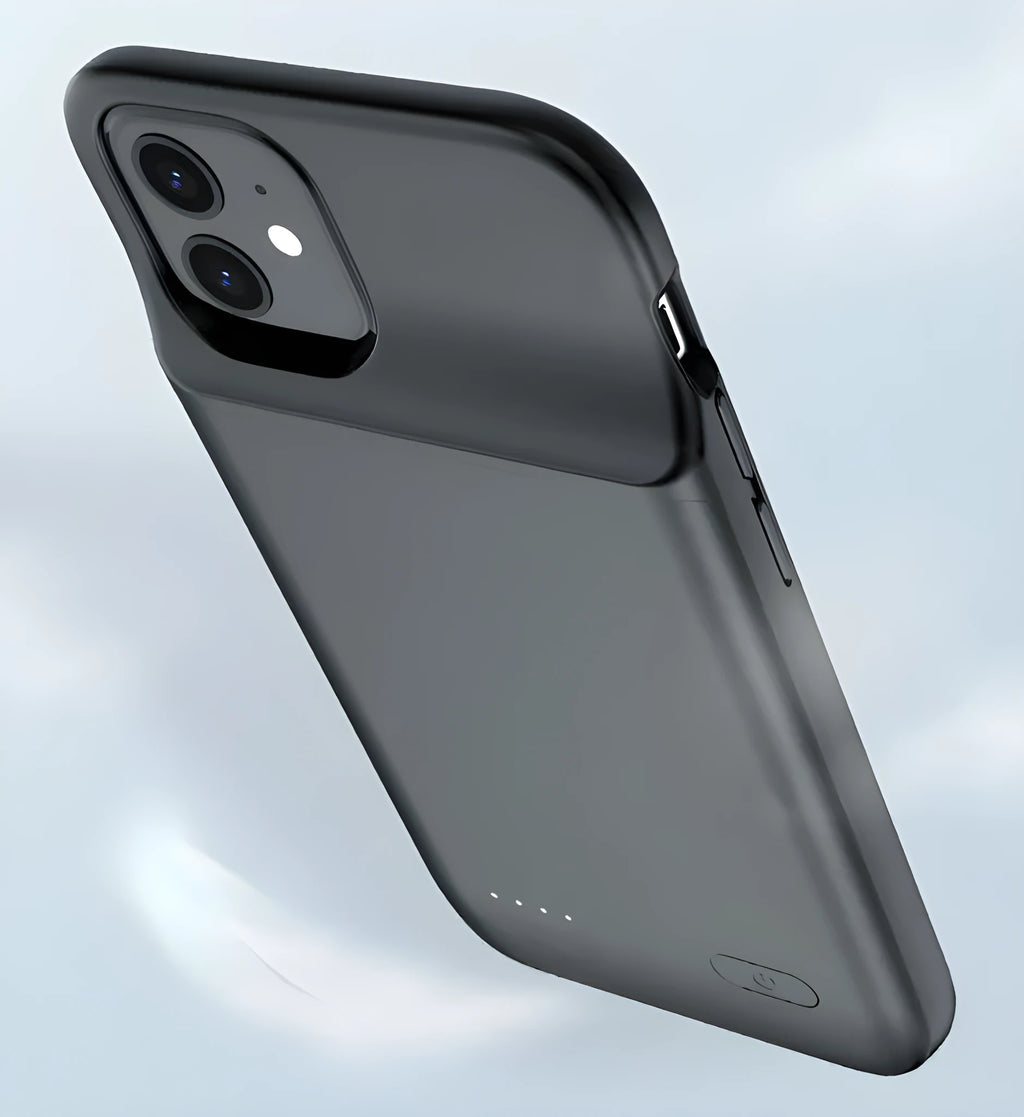 Black ultra-thin TPU soft bag wireless back clip battery case for iPhone 12 models showing clip and USB ports.