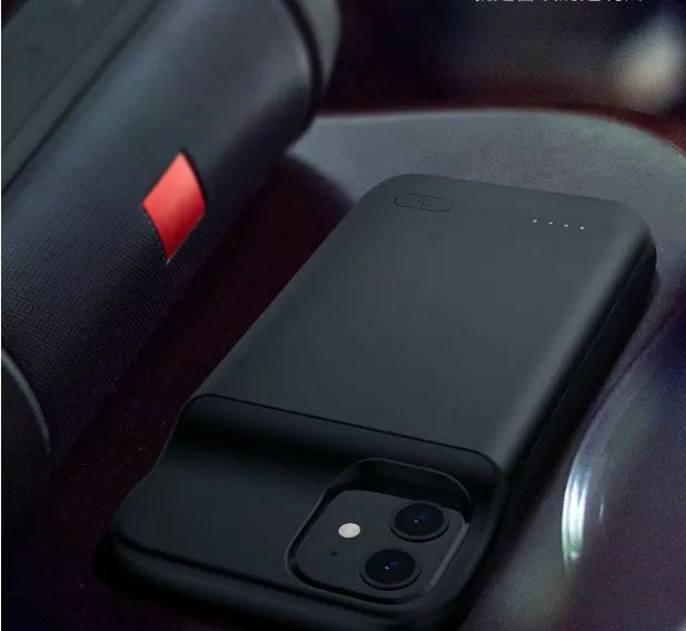 Black ultra-thin TPU soft bag wireless back clip battery case for iPhone 12 models showing clip and USB ports.