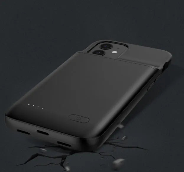 Black ultra-thin TPU soft bag wireless back clip battery case for iPhone 12 models showing clip and USB ports.