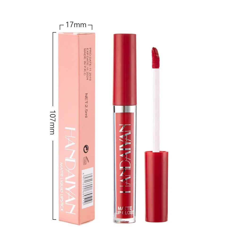 HANDAIYAN matte non-stick cup lip gloss tube in one of 12 available shades, showing 2.5ml net content.