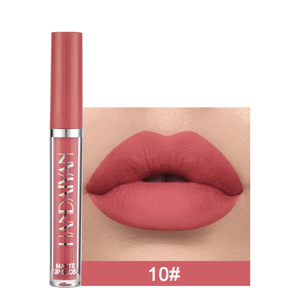 HANDAIYAN matte non-stick cup lip gloss tube in one of 12 available shades, showing 2.5ml net content.