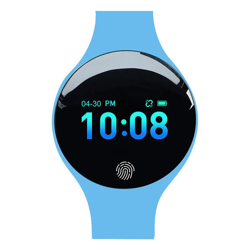 Blue smart watch with a 0.66 inch screen on a wrist, showing Bluetooth and pedometer functions.