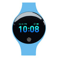 Blue smart watch with a 0.66 inch screen on a wrist, showing Bluetooth and pedometer functions.