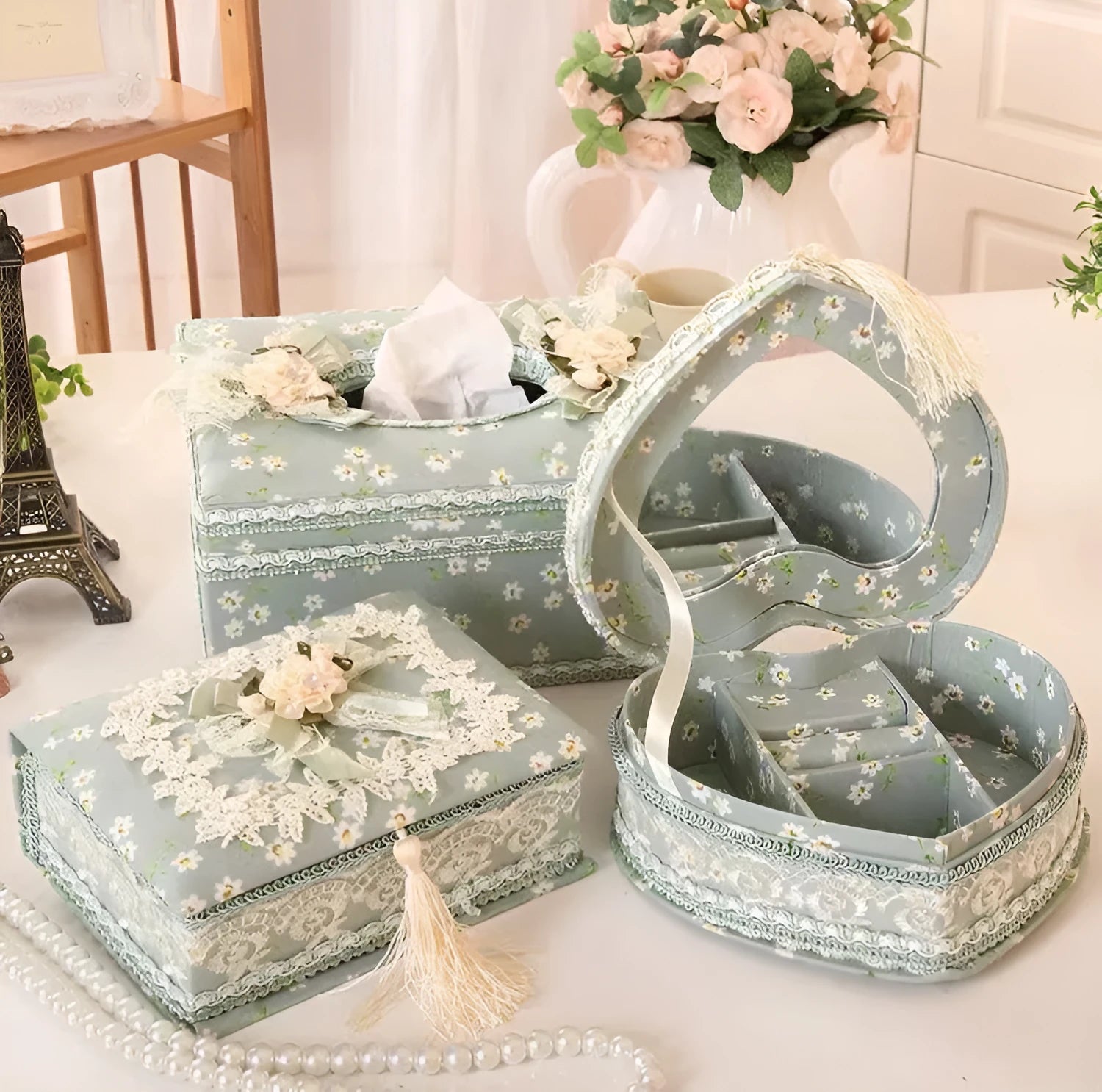 Ceramic jewellery and tissue box organiser in bright apricot colour