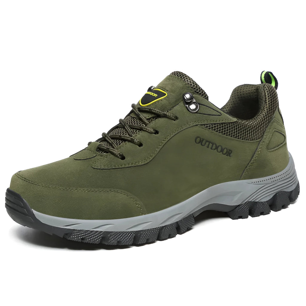 Men's low-top outdoor hiking shoes in army green, showing casual design and flexible viscose sole.