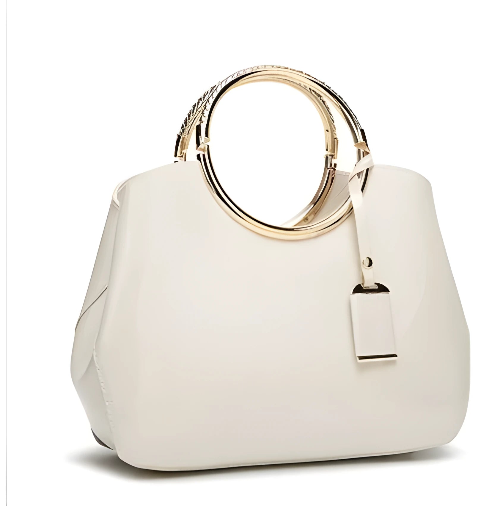 Black polyester ladies party handbag with shoulder straps, showing card slot and zipper pocket interior.