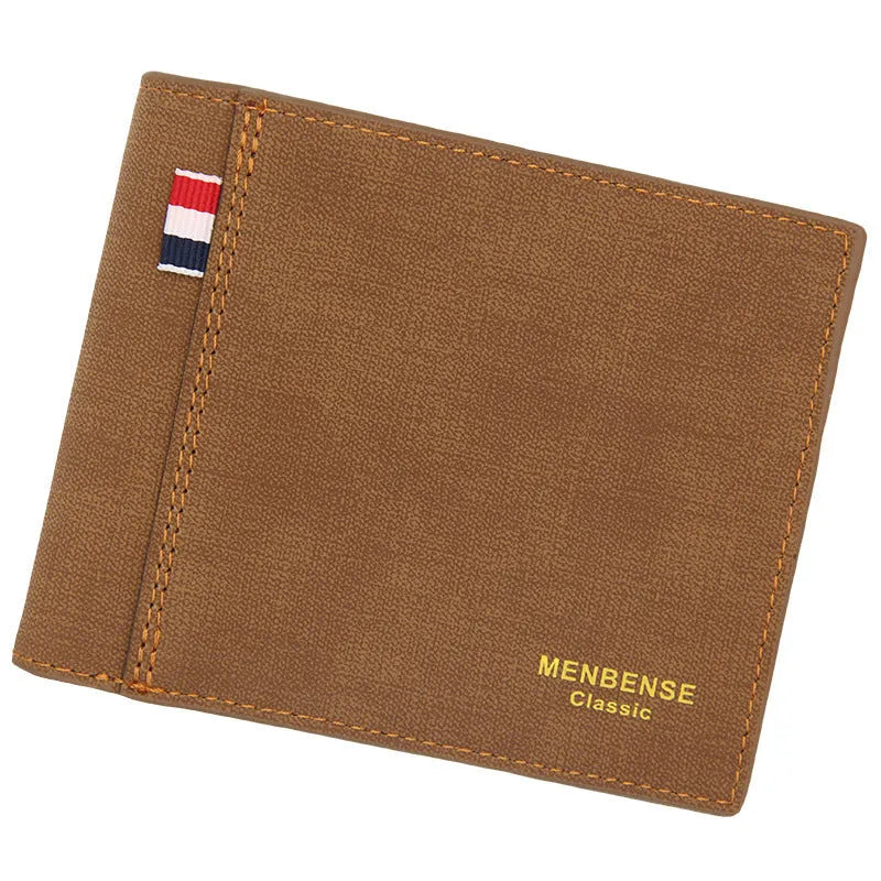 Men's tri-fold wallet in retro design showing four colour options: black, navy blue, dark brown, light brown