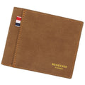 Men's tri-fold wallet in retro design showing four colour options: black, navy blue, dark brown, light brown