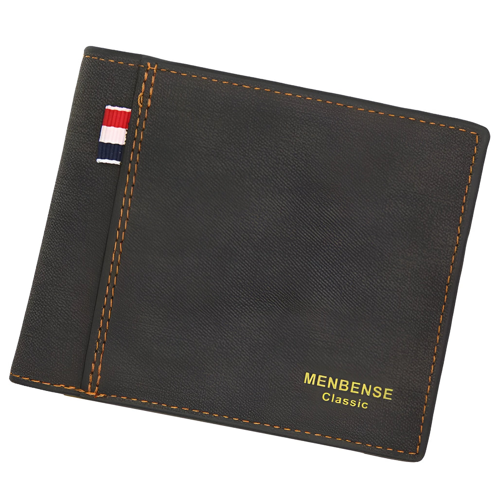 Men's tri-fold wallet in retro design showing four colour options: black, navy blue, dark brown, light brown