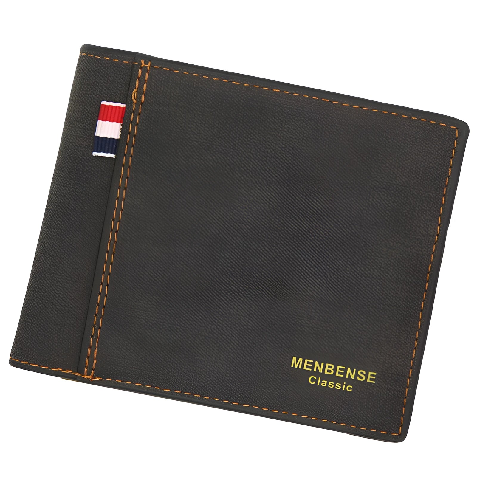 Men's tri-fold wallet in retro design showing four colour options: black, navy blue, dark brown, light brown
