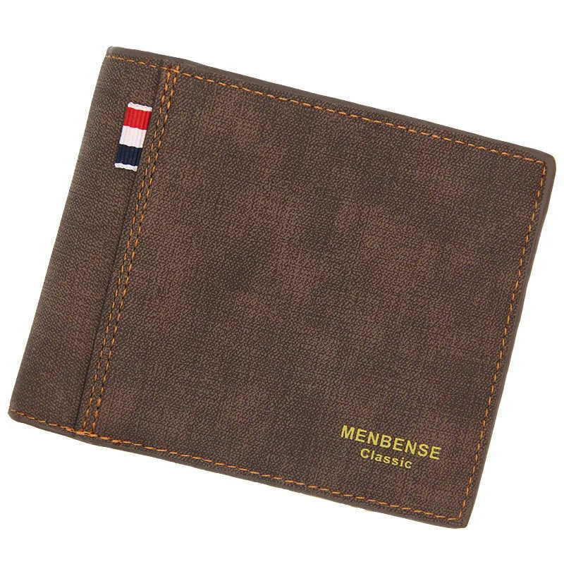 Men's tri-fold wallet in retro design showing four colour options: black, navy blue, dark brown, light brown