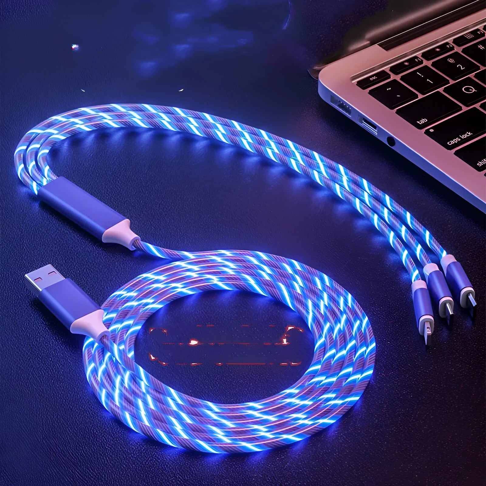 USB data cable with one-to-three connectors and colourful marquee streamer lights in 1.25m length