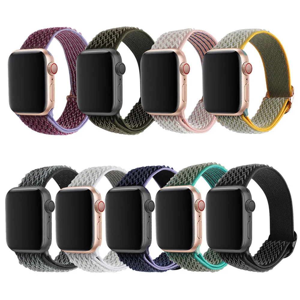 Braided nylon Apple Watch strap with a wave pattern, shown in a choice of colours on a wrist.