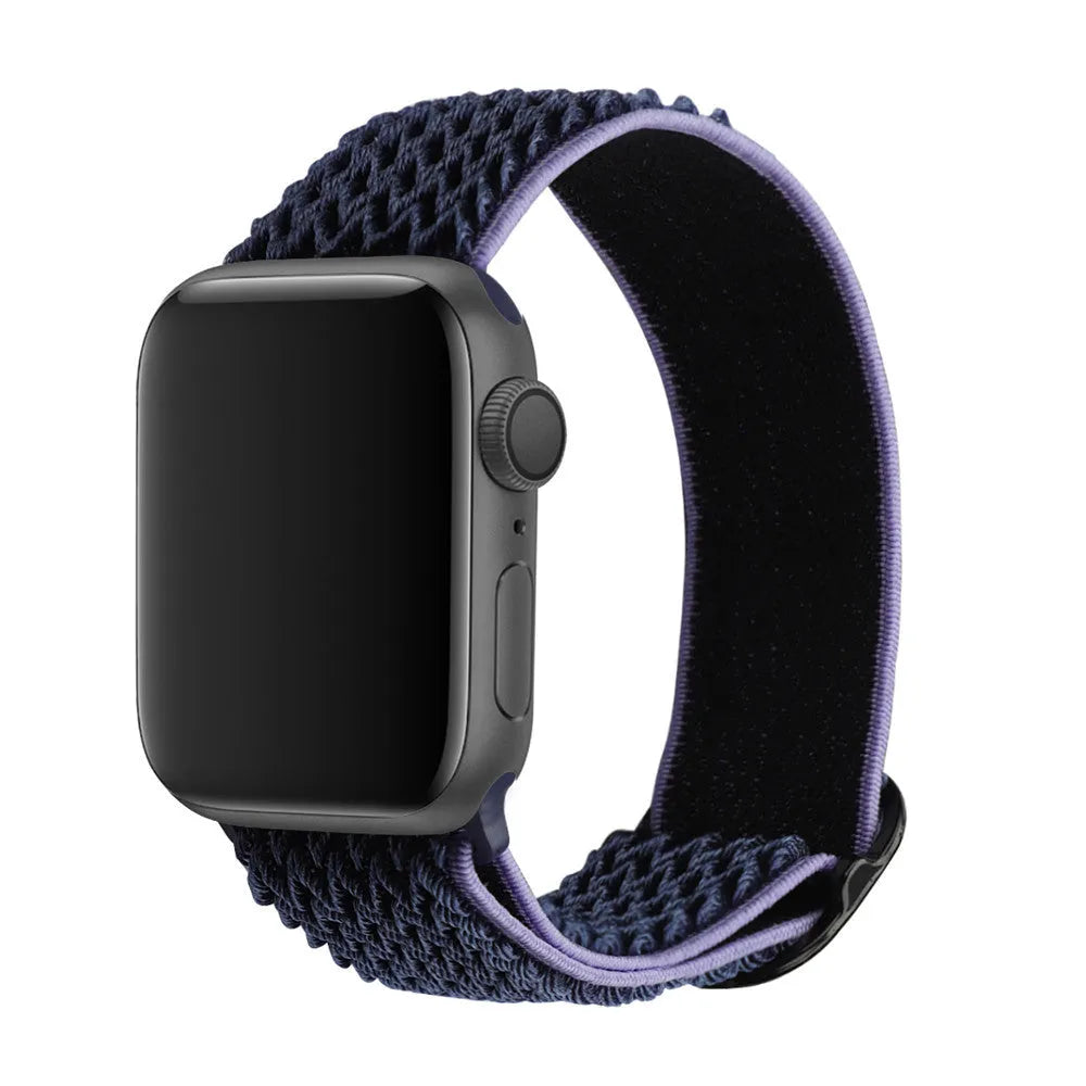 Braided nylon Apple Watch strap with a wave pattern, shown in a choice of colours on a wrist.