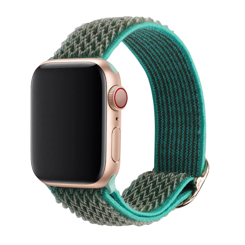 Braided nylon Apple Watch strap with a wave pattern, shown in a choice of colours on a wrist.