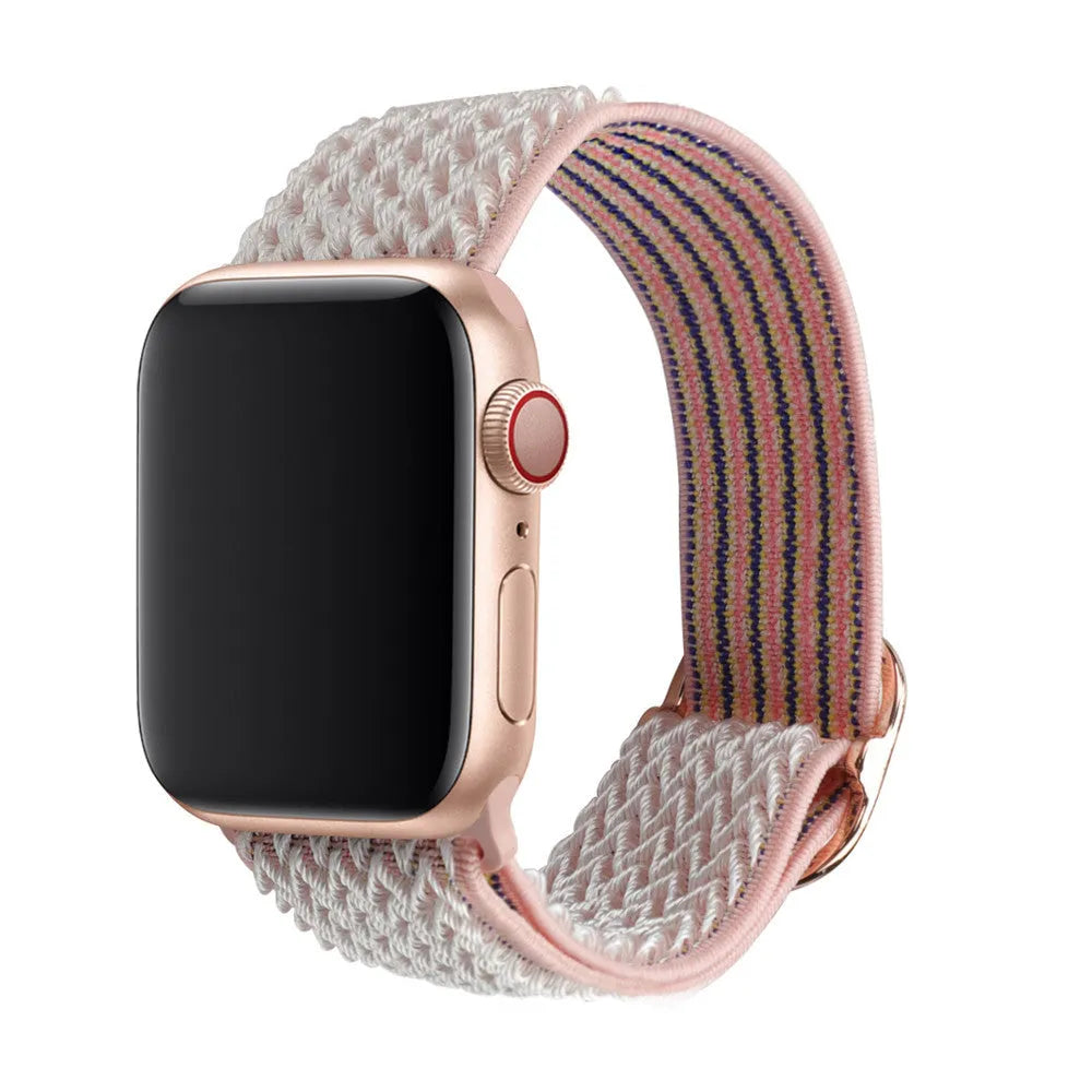 Braided nylon Apple Watch strap with a wave pattern, shown in a choice of colours on a wrist.