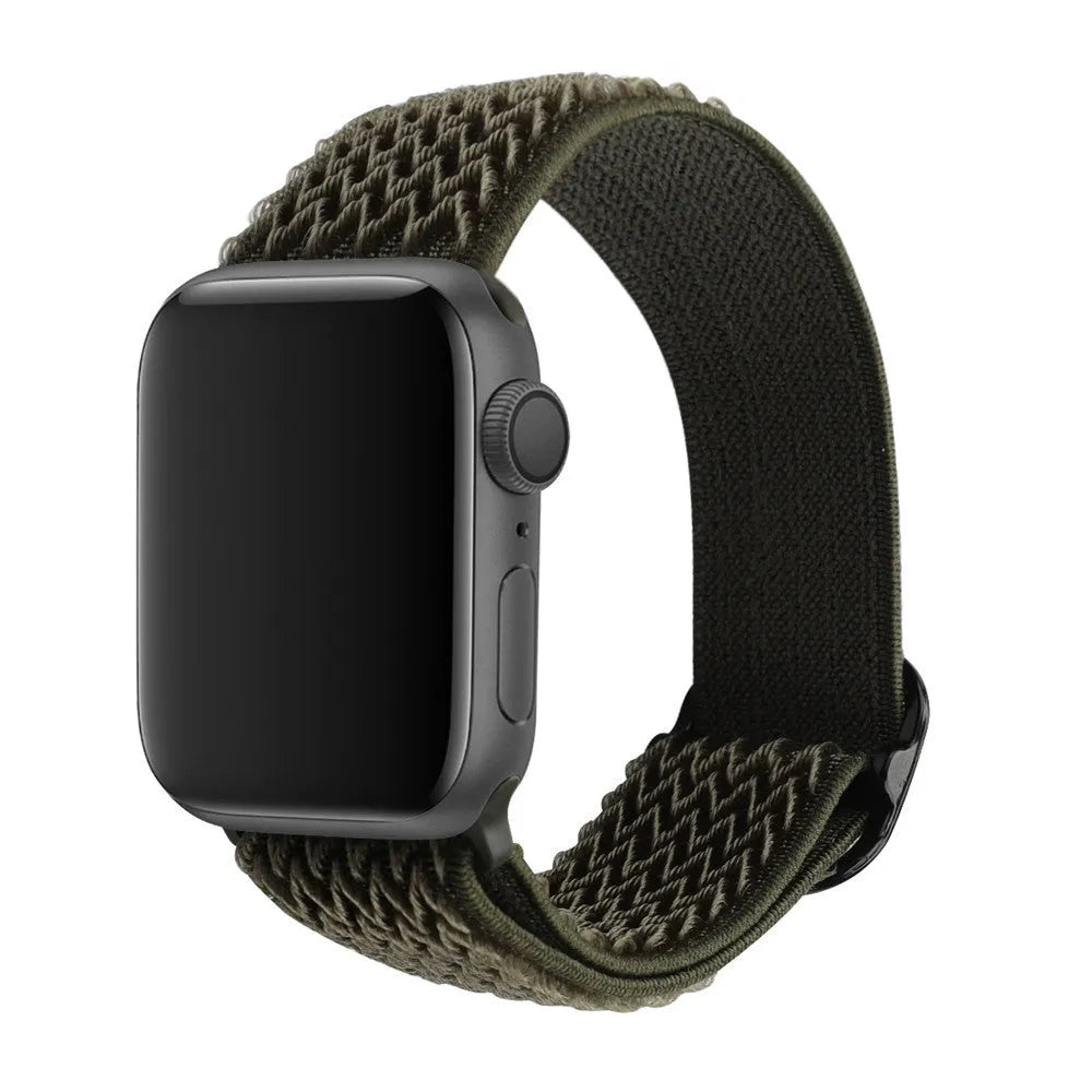 Braided nylon Apple Watch strap with a wave pattern, shown in a choice of colours on a wrist.